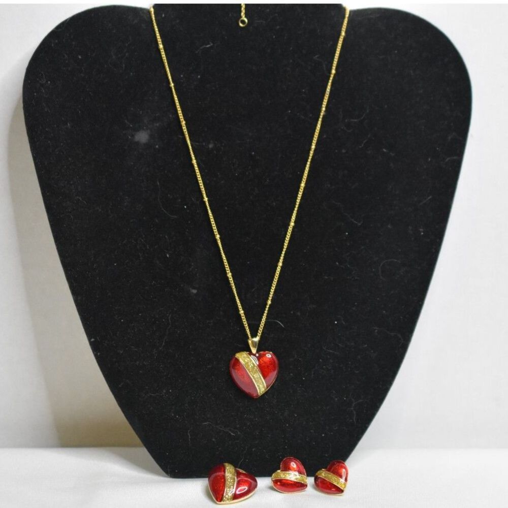 Royal Set Red Enamel/Rhinestone Accent Heart Post Earrings/Brooch/15" Necklace